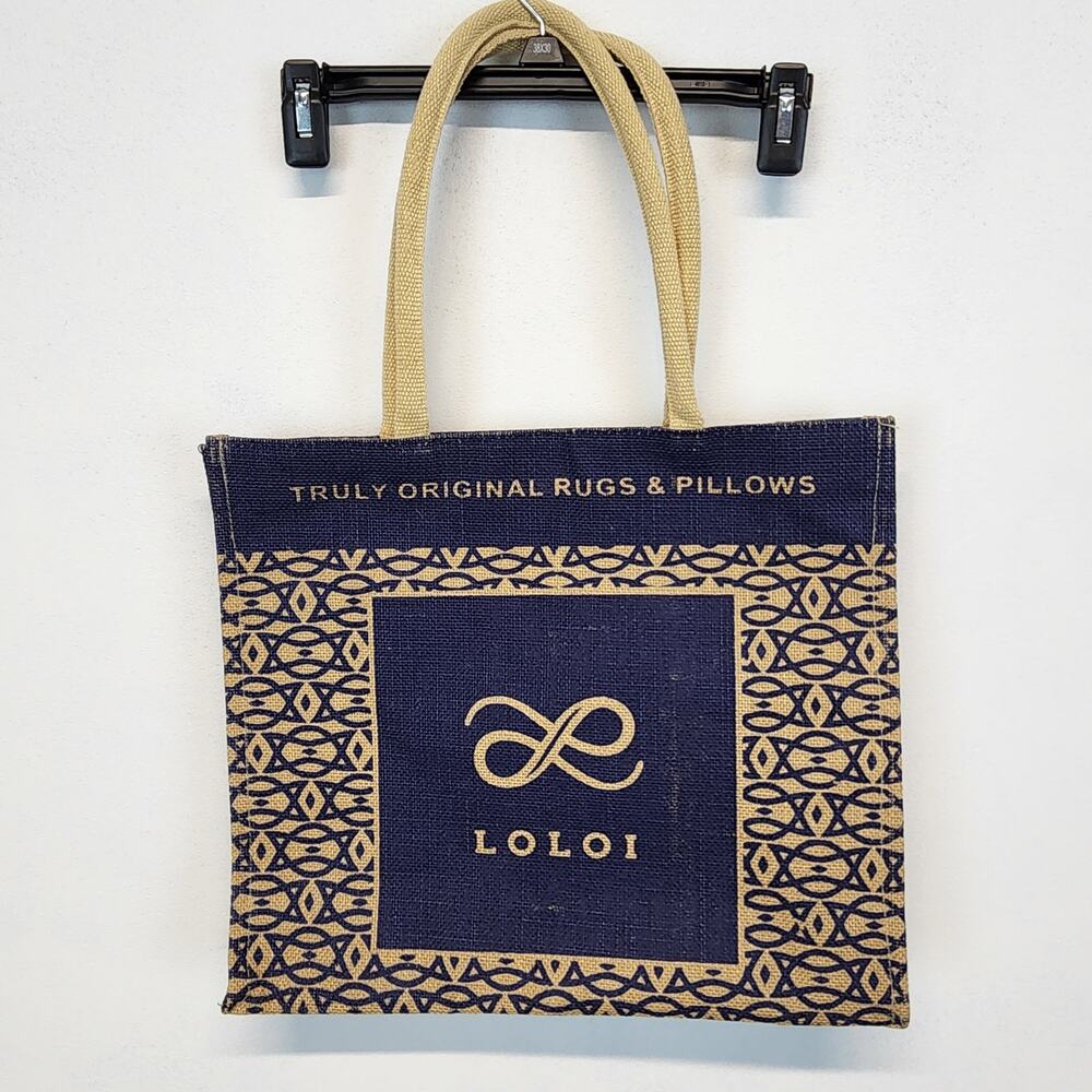 Loloi Burlap Shopping Bag Tote Geometric Print Blue Brown Double Handle 15x13
